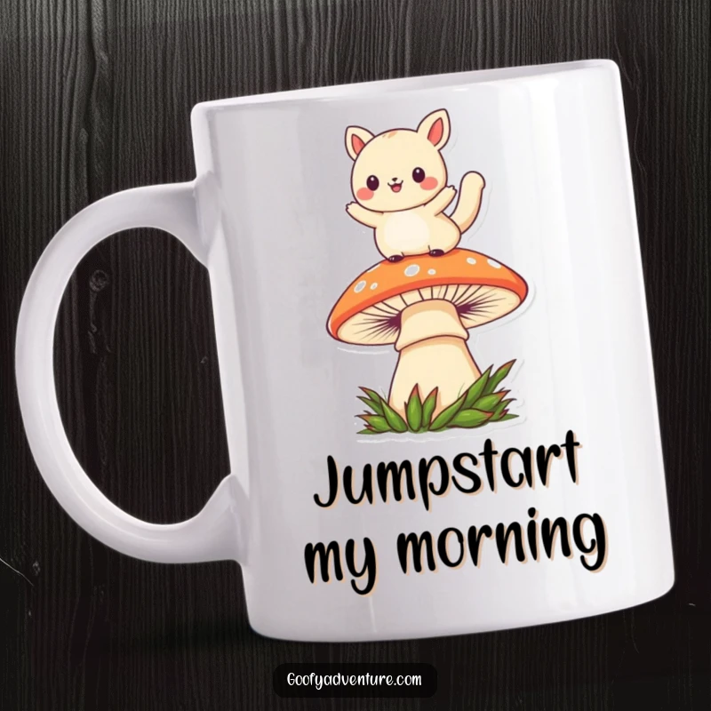 Funny kawaii animal character mid-leap over a large, colorful mushroom, showcasing playful agility and joy.