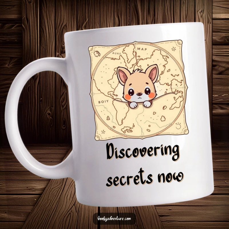 Funny mug with a curious animal character peeking from behind a giant, ancient map, suggesting mystery and discovery.