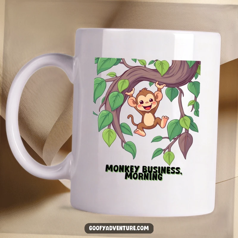 Funny mug depicting a cheerful monkey character enthusiastically swinging from a giant, whimsical jungle vine.