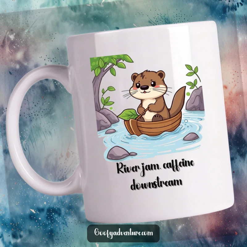 Funny Otter Mug: Determined otter navigates a leaf boat down a river, embracing adventure with a playful spirit, perfect for nature lovers.