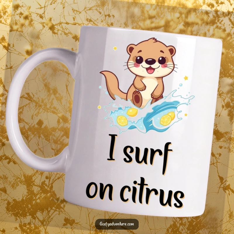 Funny otter character joyfully surfing a sparkling wave of lemonade on a mug, capturing pure exhilaration and a love for citrus.