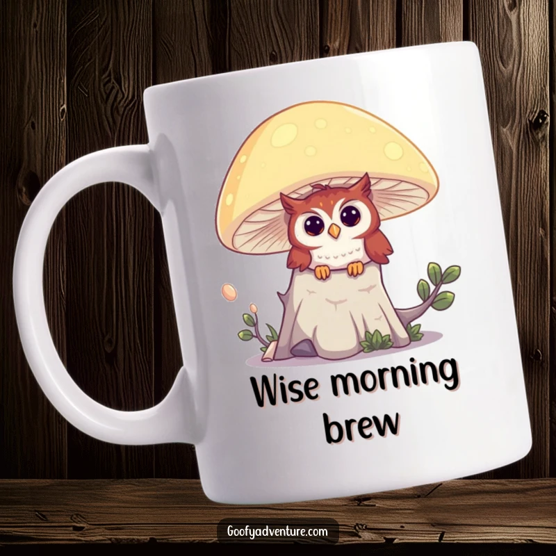 Funny mug showing an inquisitive owl with large eyes peeking from behind a large, bioluminescent mushroom in a mystical forest setting.