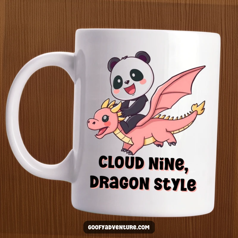 Funny Panda riding a colorful flying dragon through a bright rainbow on a whimsical mug, pure joy and fantasy gift.