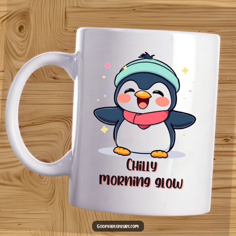 Funny mug featuring a joyful penguin playfully interacting with vibrant, glowing aurora borealis lights in a starry night sky.