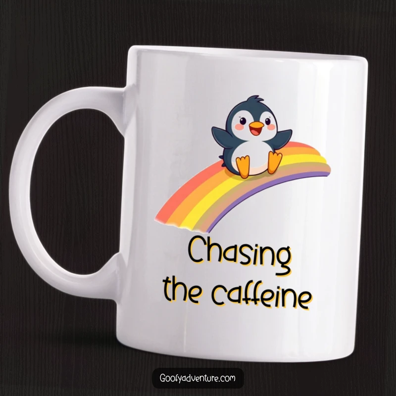 Funny Penguin mug, joyfully sliding down a giant rainbow with pure delight, perfect for cheerful gift recipients.