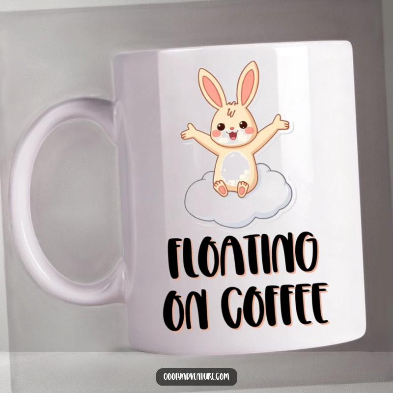 Funny rabbit flying cloud mug showing a cheerful rabbit with arms spread wide, joyfully riding a fluffy white cloud in the sky.