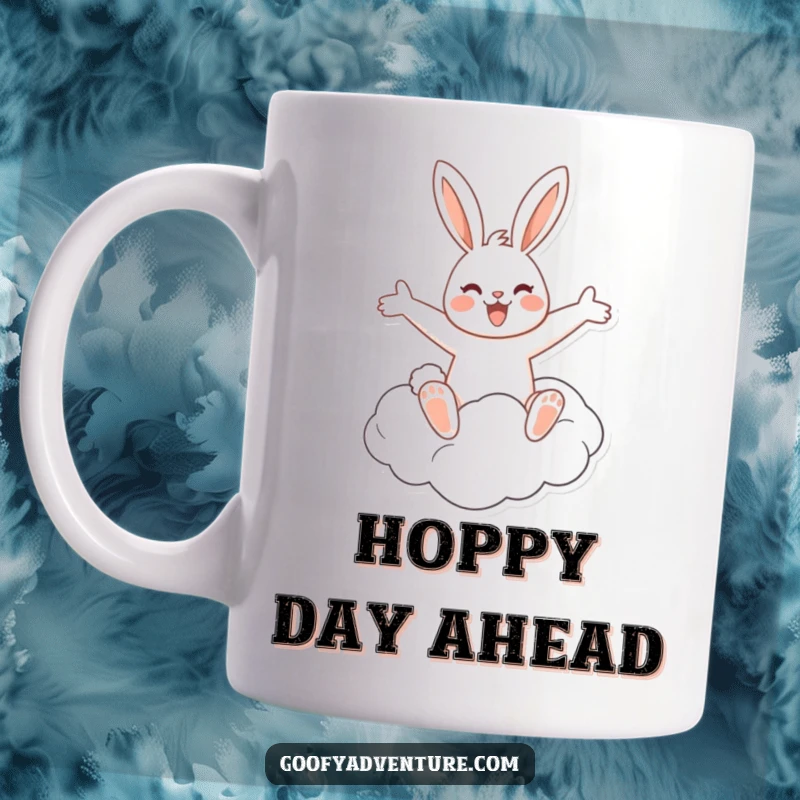 Funny, cheerful rabbit joyfully riding a fluffy white cloud with arms outstretched, depicted on a mug.