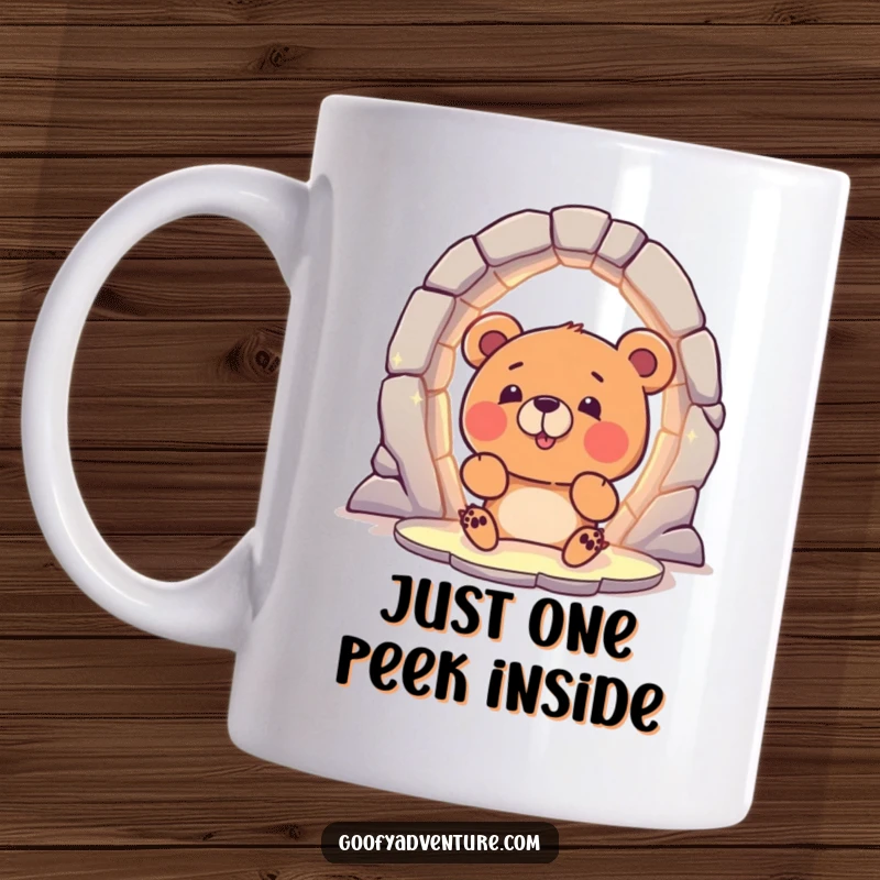 Funny Bear Mug: A curious bear character excitedly peering into a magical, glowing portal, ready for adventure and laughs.