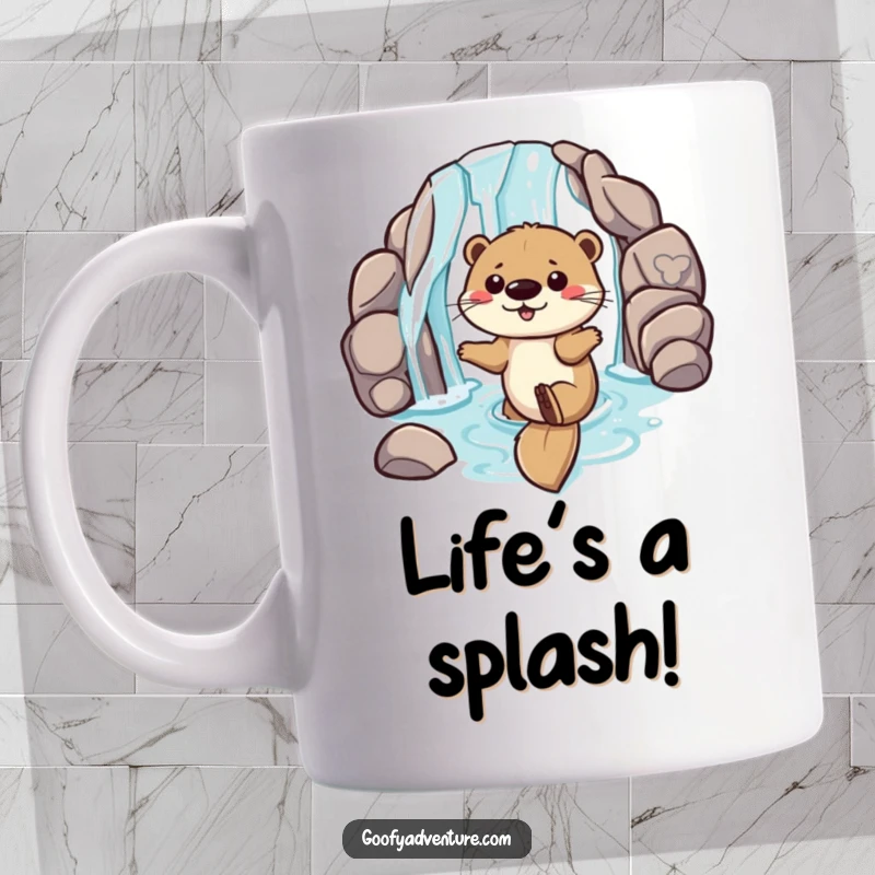 Funny mug with a playful otter joyfully sliding down a waterfall entrance, capturing the essence of aquatic fun and excitement.