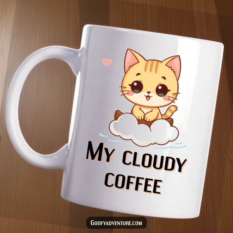 Funny curious cat character peacefully sailing on a tiny white cloud boat through a soft blue sky, shown on a mug, whimsical, funny gift.