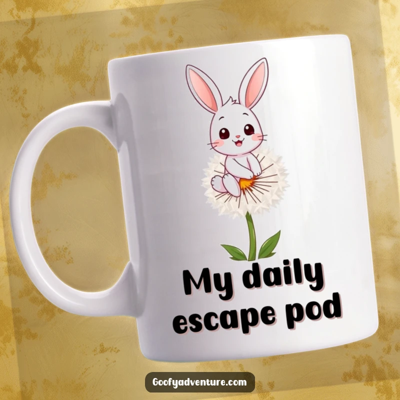 Funny bunny character joyfully riding a giant dandelion seed, floating through a dreamy sky, perfect funny gift.