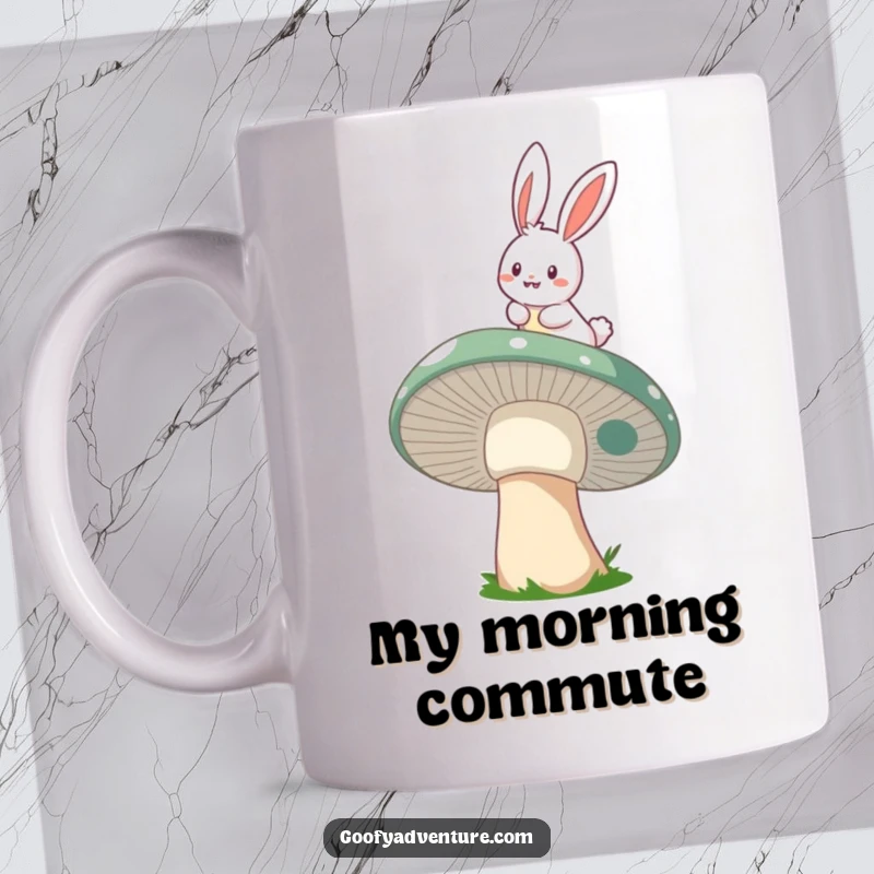 Funny cheerful bunny joyfully riding a giant, whimsical mushroom through the air, embodying pure magical fun.