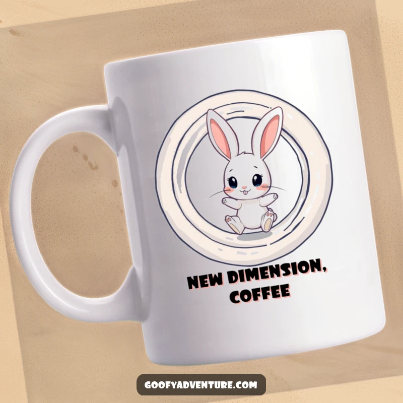 Funny mug showing a curious rabbit character poised to jump into a vibrant, swirling cosmic portal.