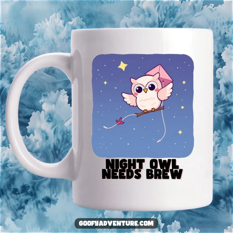 Funny kawaii owl character joyfully soaring through a starry night sky on a colorful kite, looking peaceful and content.