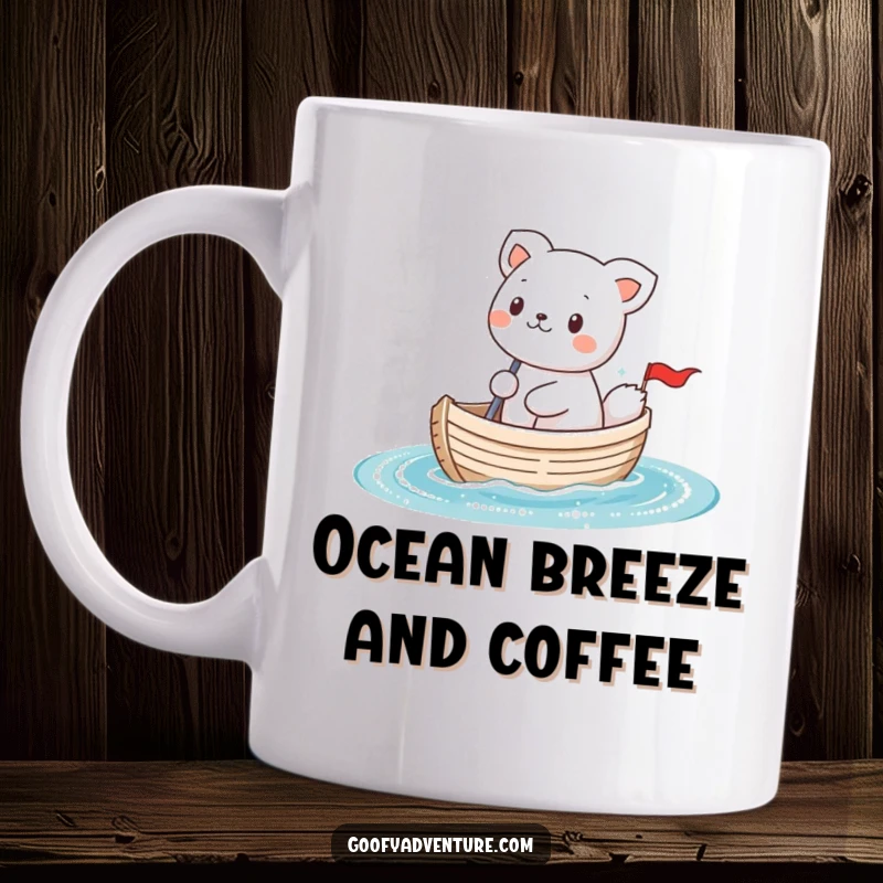 Funny kawaii animal character joyfully sailing a tiny boat on sparkling water, a whimsical and heartwarming design for mugs.