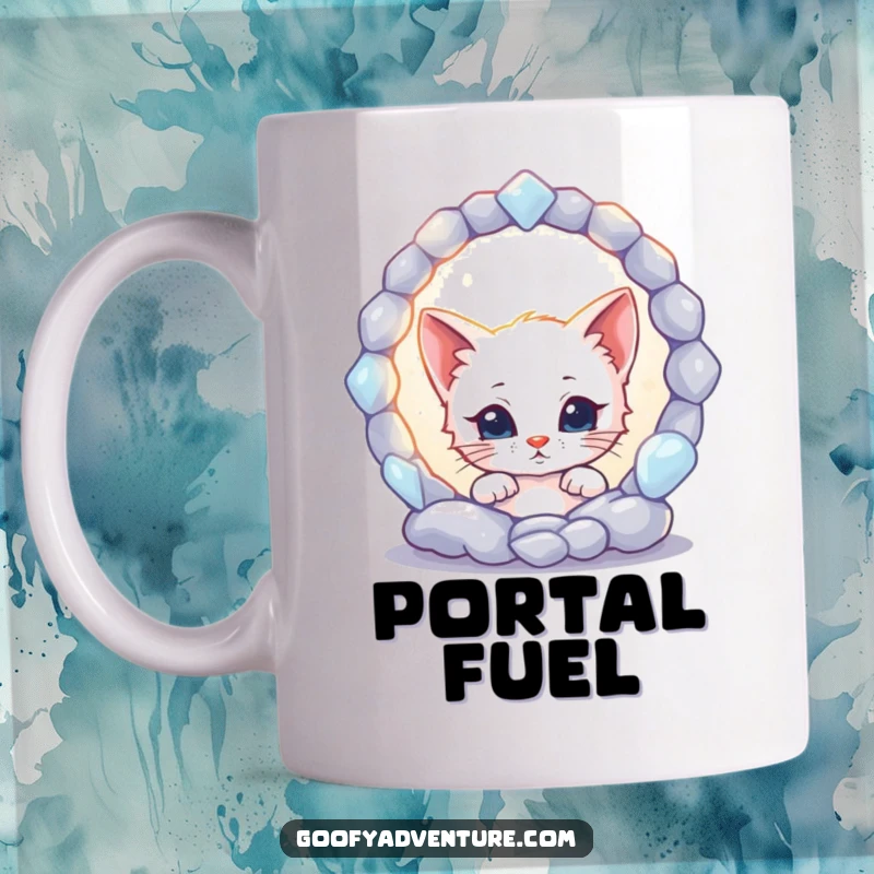 Funny kitten character with wide eyes peering into a glowing, mysterious portal on a mug, evoking curiosity and wonder.