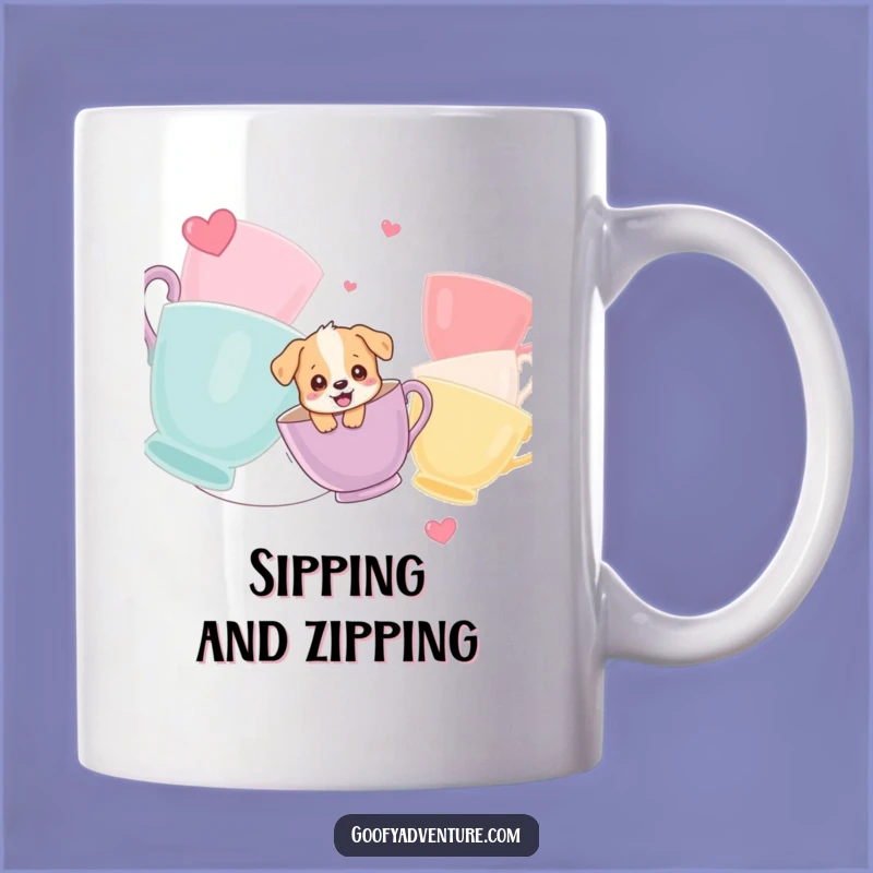 Funny Puppy Zipline Mug: Giggling Pup Amongst Giant Teacups Gift
