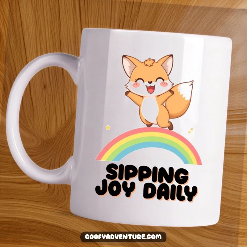Funny fox rainbow leap mug showing a happy fox in mid-air, gleefully jumping over a bright, colorful rainbow arch.