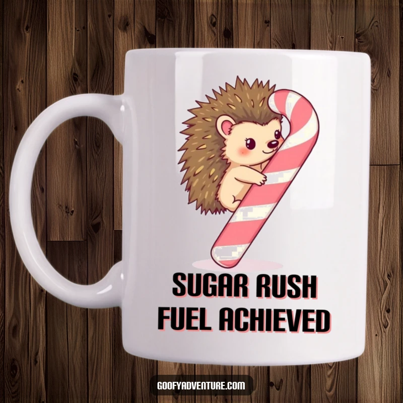 Funny Kawaii hedgehog joyfully climbing a giant, whimsical candy cane on a mug, perfect for holiday cheer.