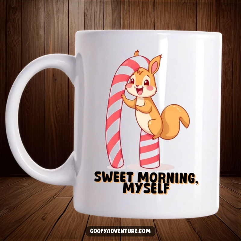 Funny happy squirrel gleefully scaling a giant, towering candy cane, representing pure joy and sweet ambition.