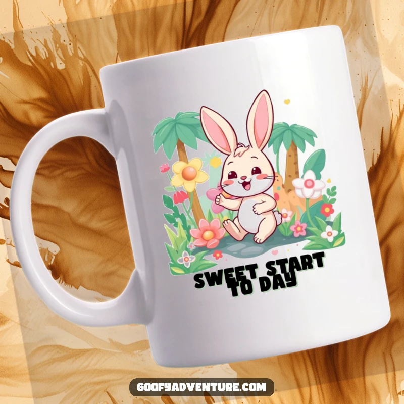 Funny happy bunny character exploring a vibrant, candy-colored jungle filled with sweet treats, looking delighted and curious.