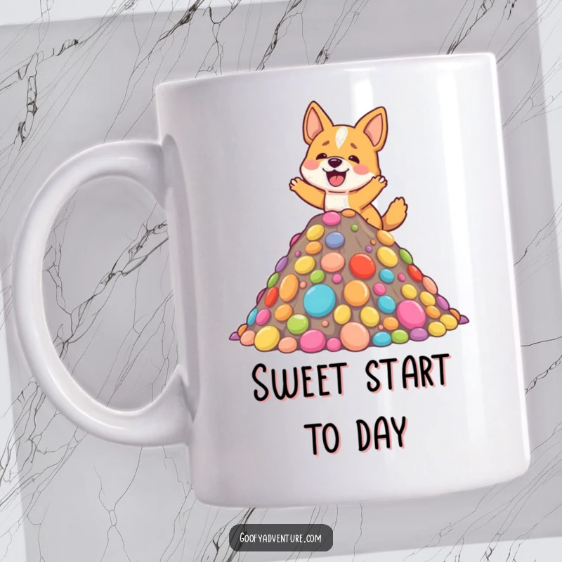 Funny mug showing an excited dog happily ascending a vibrant mountain constructed entirely of colorful, tempting candy.