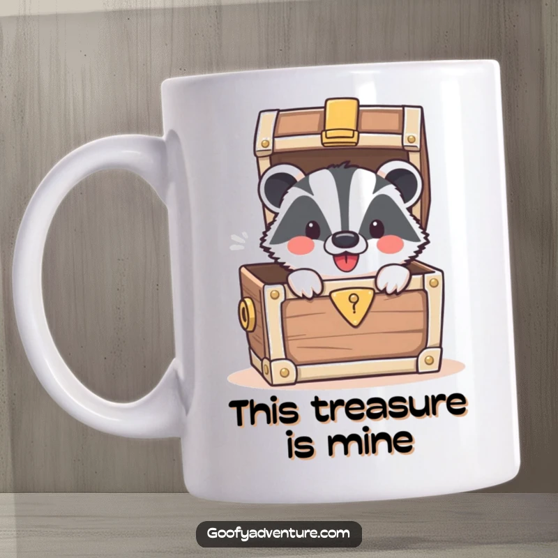 Funny mug featuring a smiling badger joyfully peeking out of a overflowing treasure chest, ready to share the loot.