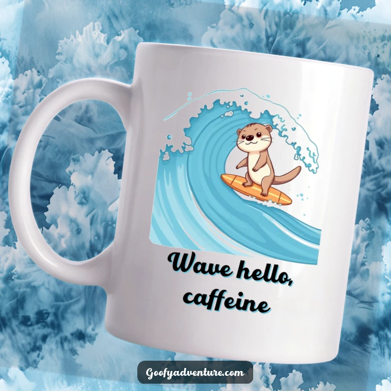 Funny happy otter on a surfboard, expertly balancing on a giant ocean wave on a whimsical mug.