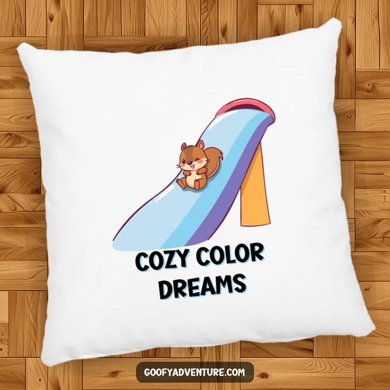 Funny squirrel character sliding down a rainbow on a soft pillow, bringing comfort and cheer, funny gift.