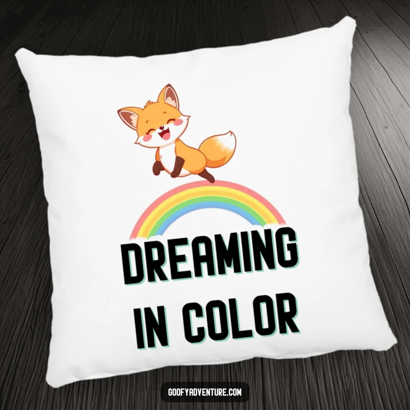 A soft pillow featuring a funny, happy fox leaping over a colorful rainbow, perfect for adding comfort and whimsy.