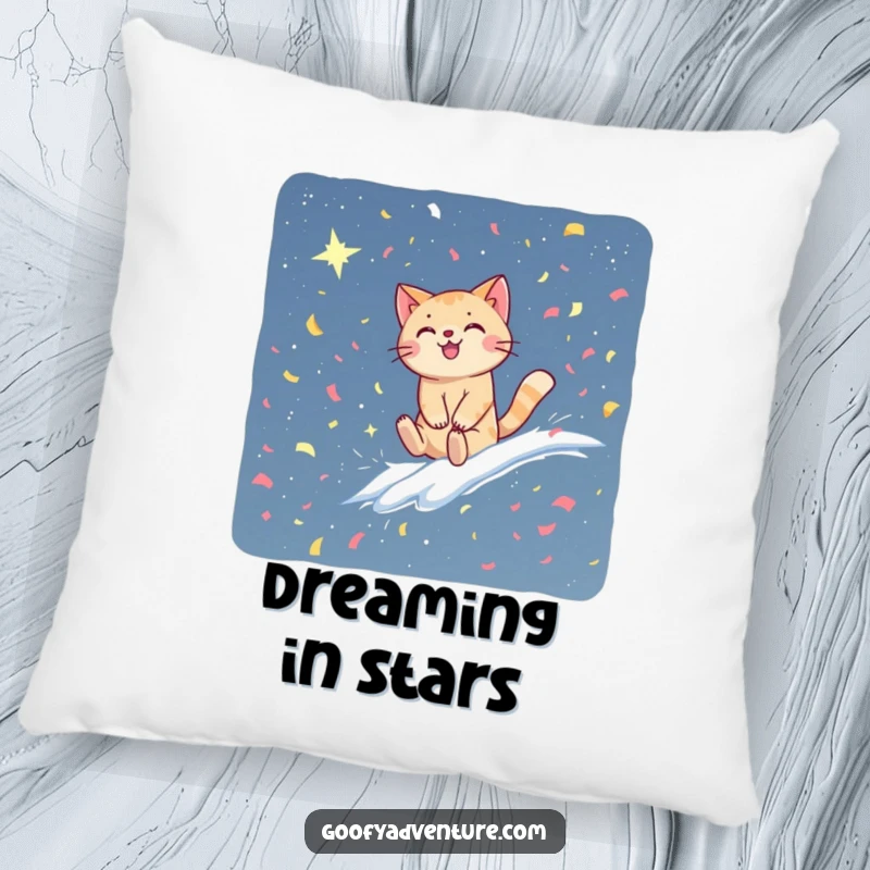 Funny cat pillow with a happy cat surfing a bright confetti wave into a dreamy, star-filled night sky. Soft, humorous decor.