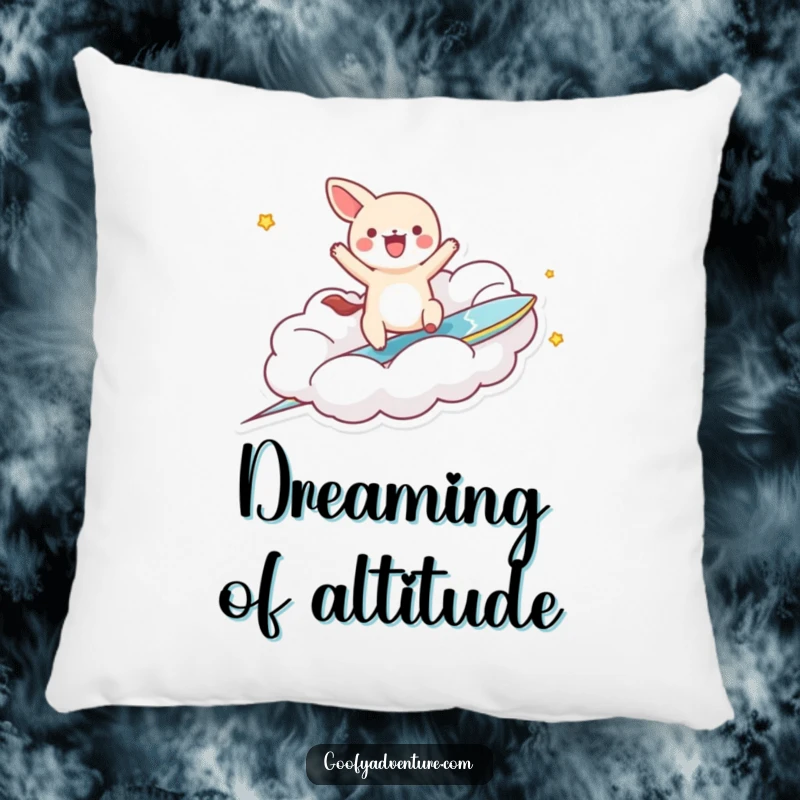 Funny kawaii animal character serenely riding a cloud surfboard, designed for comfort and decorative appeal, radiating peaceful joy.
