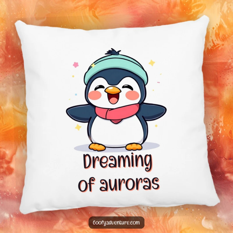 Funny pillow featuring a joyful penguin playing under a vibrant, glowing display of aurora borealis lights.