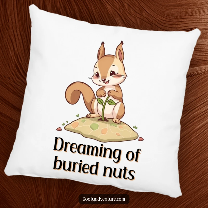 Funny pillow showcasing a determined squirrel planting a seed that blooms into a navigational map, ideal for cozy spaces.