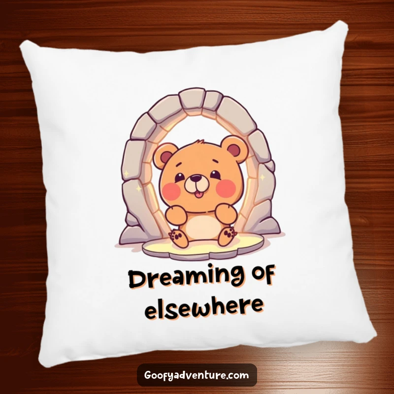 Funny Bear Pillow: A curious bear character excitedly peering into a magical, glowing portal, offering comfort and whimsy.