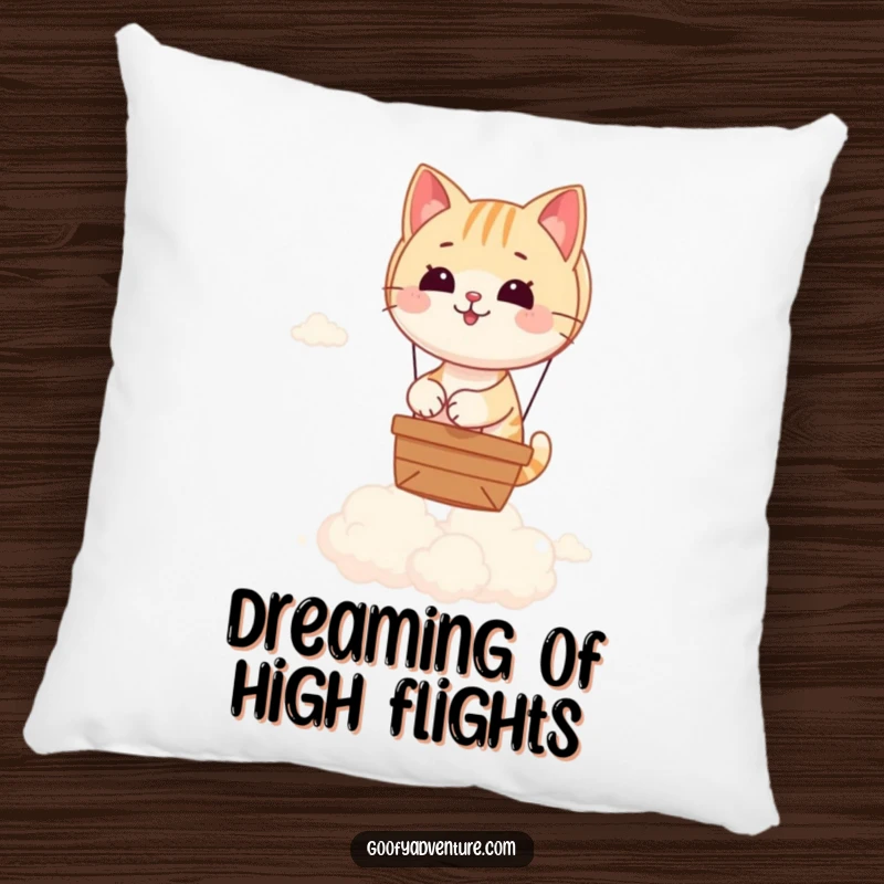 Funny pillow featuring a playful cat expertly piloting a hot air balloon, drifting peacefully over a vast expanse of fluffy clouds.