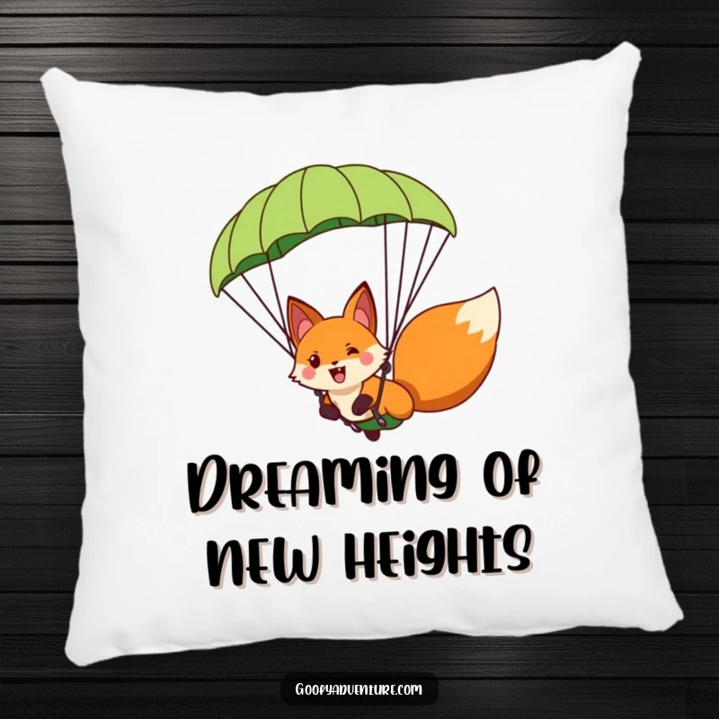 Funny fox character paragliding with a giant leaf parachute, presented as a soft, comfortable pillow for ultimate relaxation.