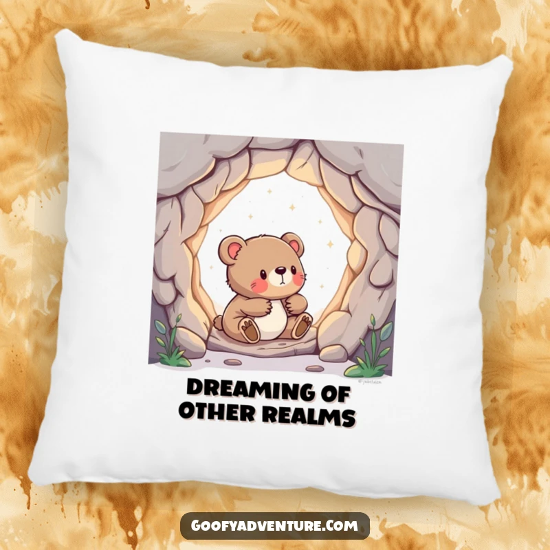 Funny pillow featuring a curious bear cub peeking into a magical portal, perfect for cozy spaces.