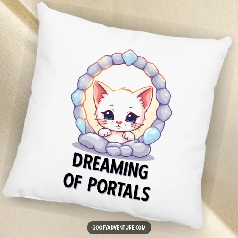 Funny kitten character peeking into a mysterious, glowing portal on a soft pillow, inviting curiosity and cozy relaxation.