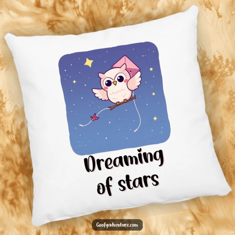 Funny kawaii owl character riding a kite through a starry night sky, featured on a soft, comfortable pillow.