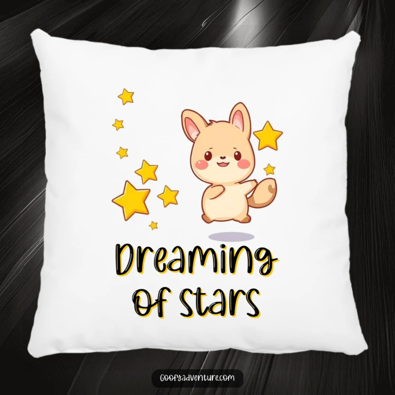 Funny kawaii animal character happily chasing after a series of drifting stars, a soft and humorous pillow for comfort.