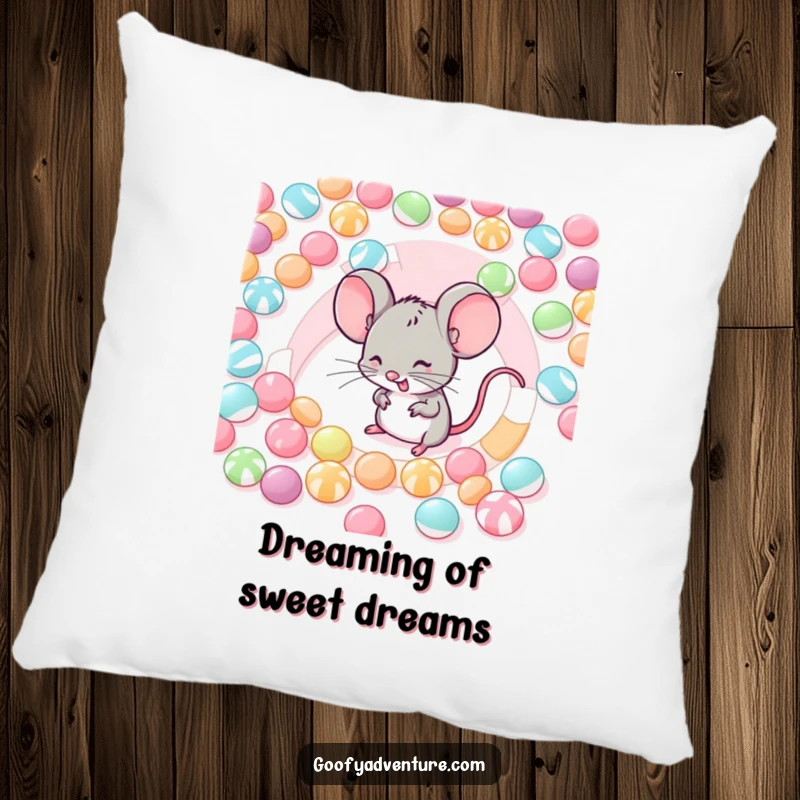 Funny pillow featuring a giggling mouse navigating a maze constructed from various candies, perfect for cozy spaces.