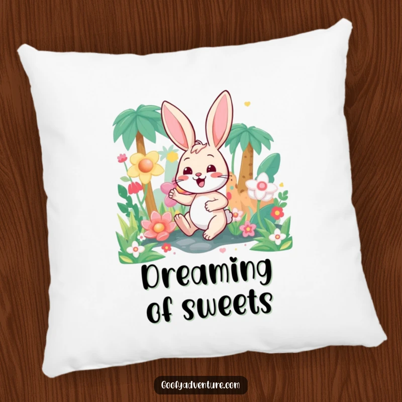 Funny happy bunny character exploring a candy-colored jungle, featured on a soft pillow for ultimate sweet comfort.