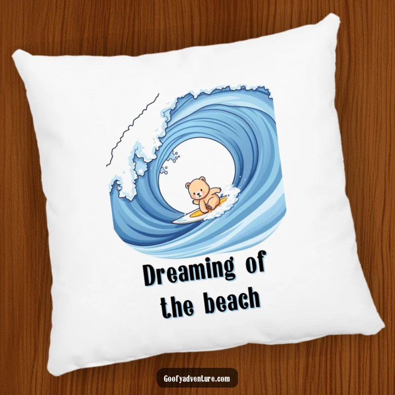 Funny bear cub surfing pillow with a cute cub attempting to ride a giant wave, bringing beach vibes indoors.