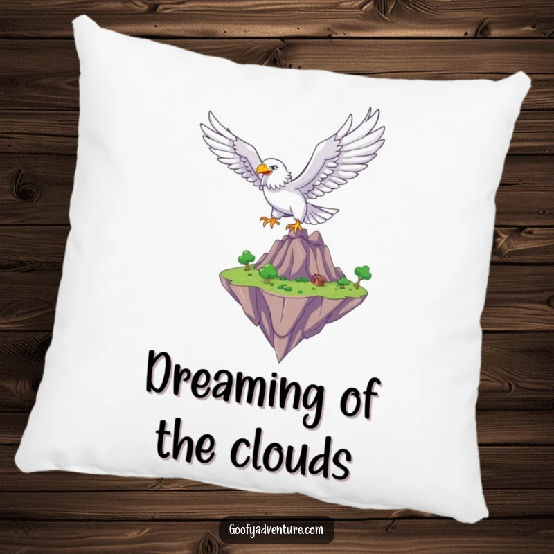 Funny eagle soaring over a fantastical floating island, soft pillow, fantasy theme, cozy home decor.