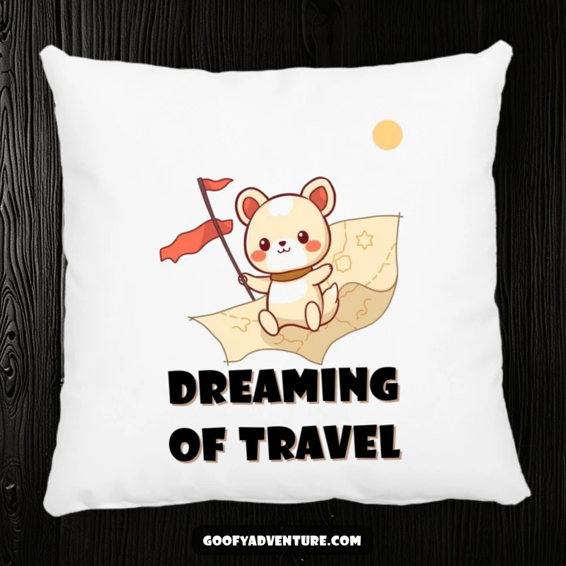 Funny kawaii animal character charting a course on a map, a soft and humorous pillow for adventurers.