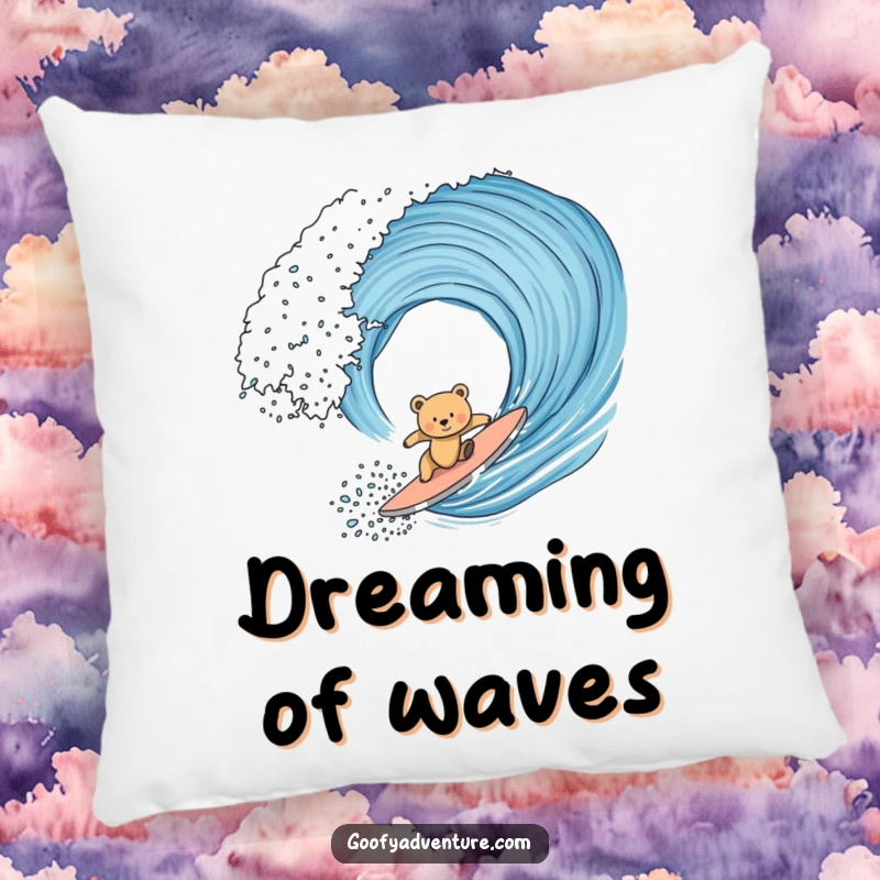 Funny bear cub humorously attempting to surf a giant ocean wave, printed on a soft, decorative pillow for ultimate comfort and laughs.