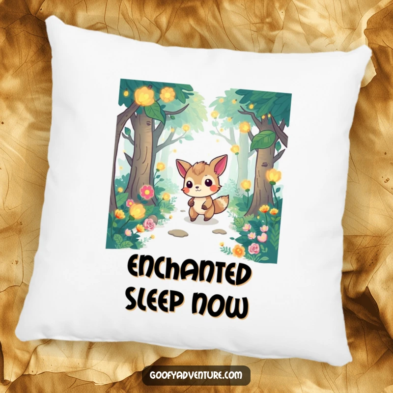 Funny pillow with a determined animal character navigating a whimsical forest filled with glowing flora, providing comfort and magic.