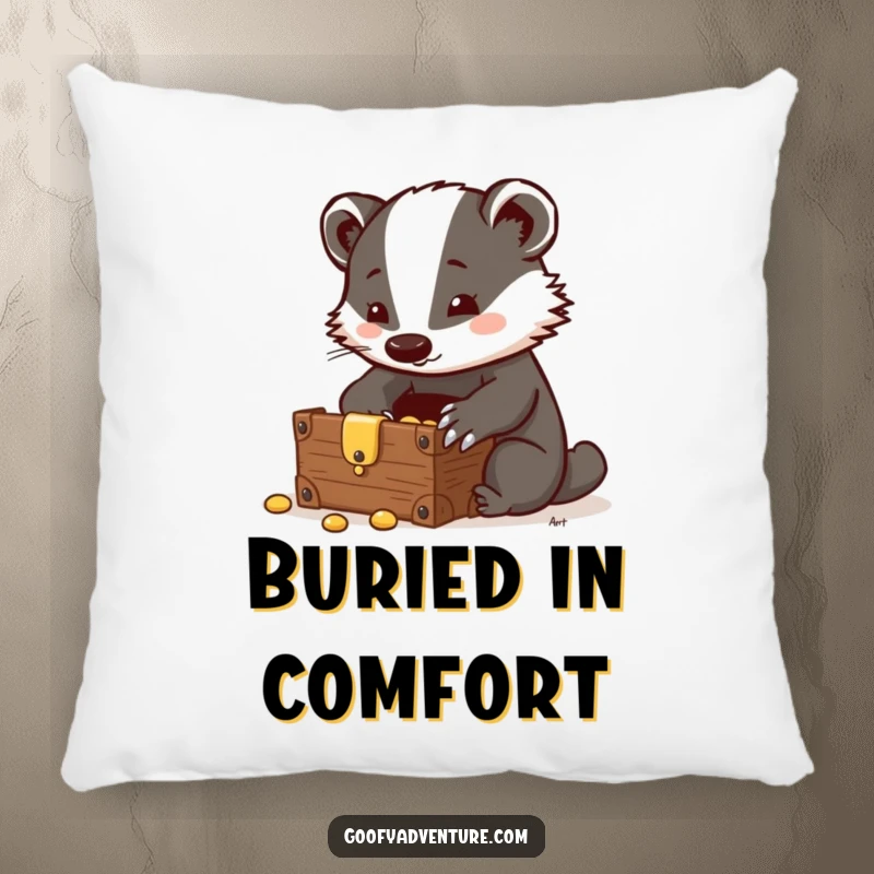 Funny Badger Pillow: A clever badger discovers a hidden treasure chest, bringing comfort and a symbol of intelligence to any room.