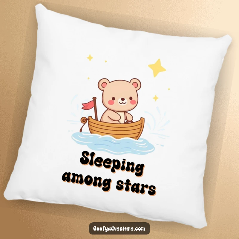 Funny pillow showcasing a happy bear sailing a boat across a starry ocean, evoking feelings of peace and wonder.